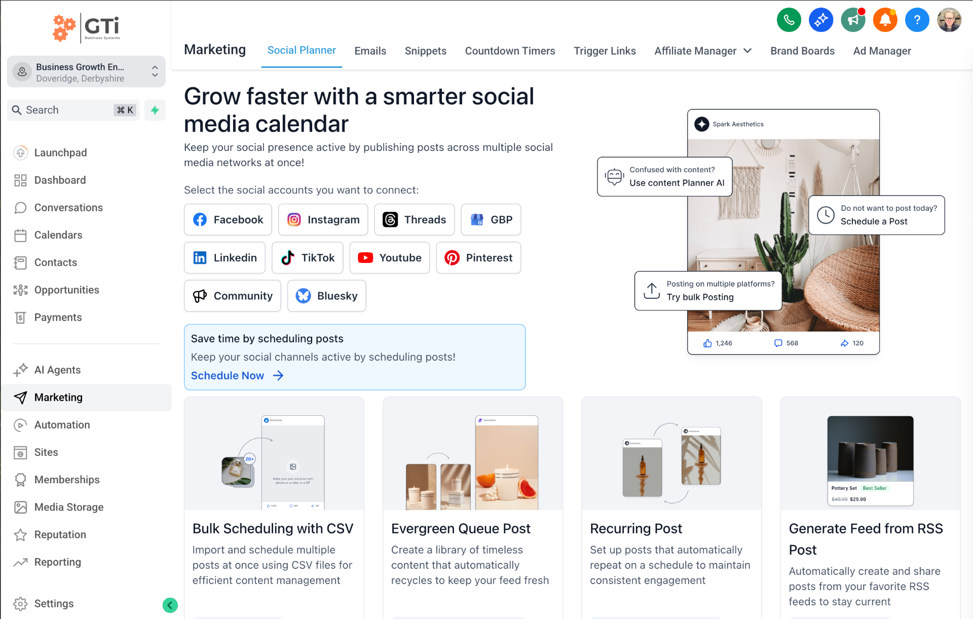 AI-powered CRM dashboard showing marketing tools, social media management, and automation features