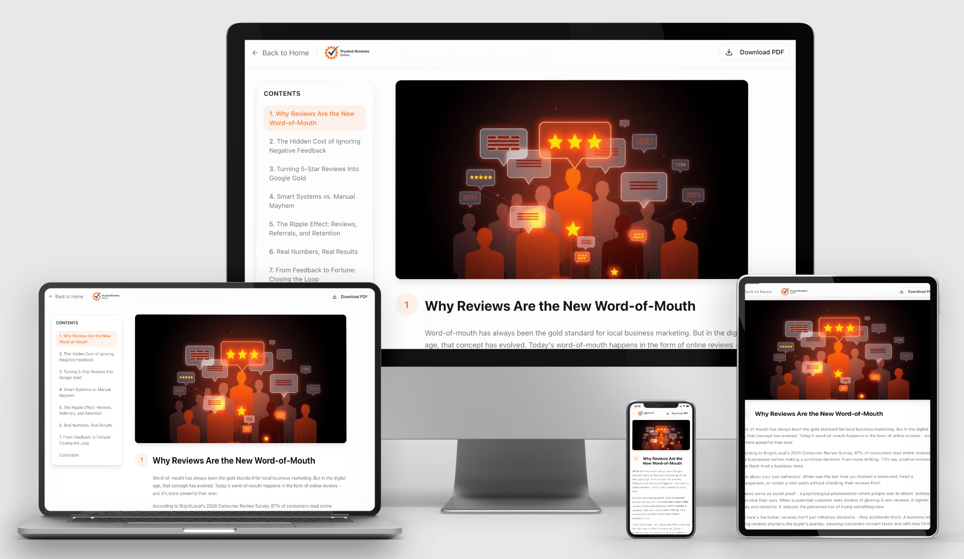 Reviews = Revenue guide displayed on phone, tablet and laptop