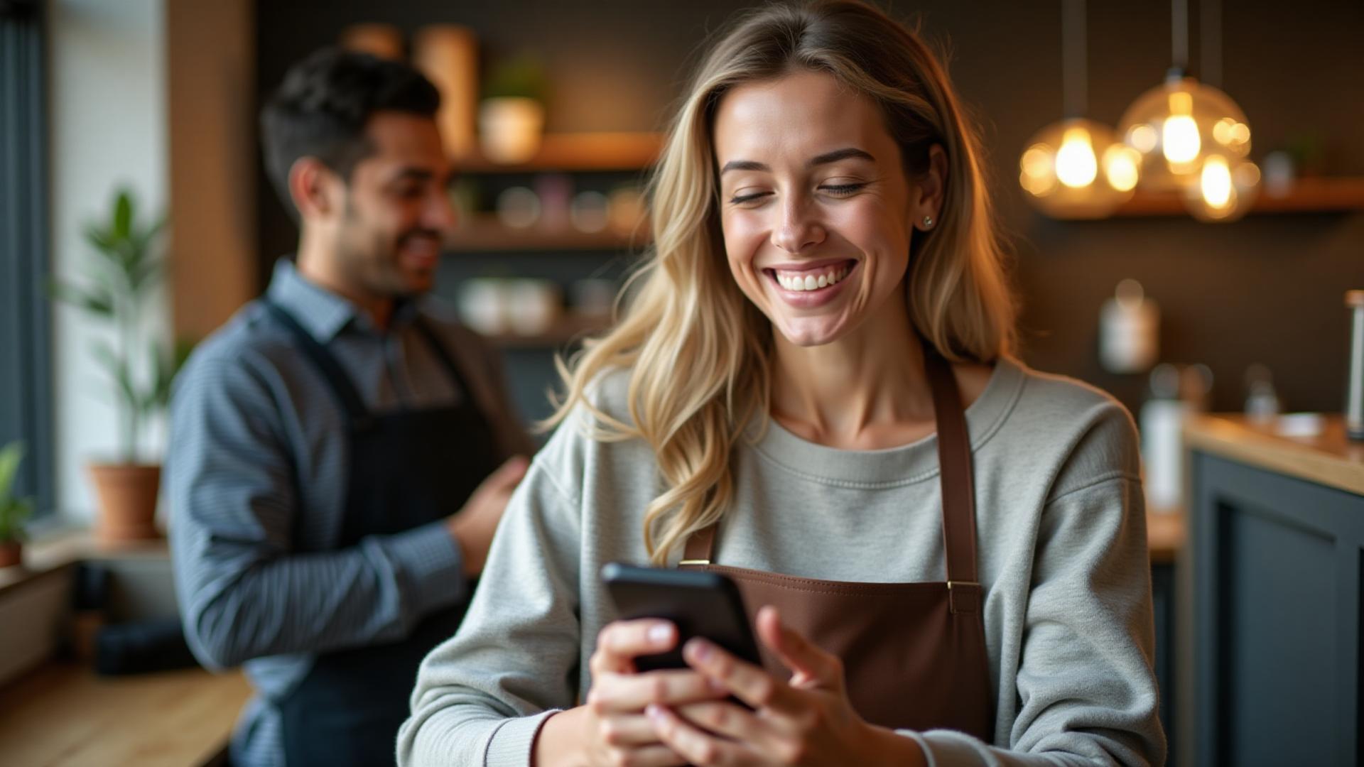 Happy customer leaving a 5-star review on their phone