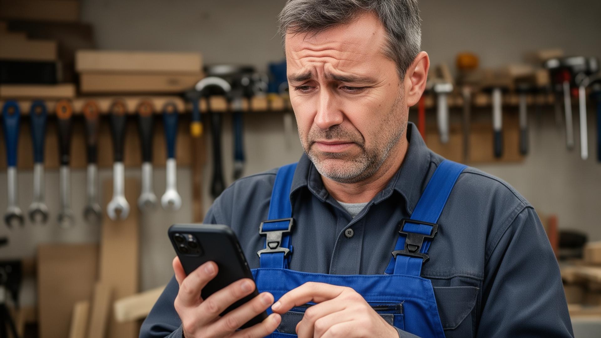 Stressed builder looking at phone